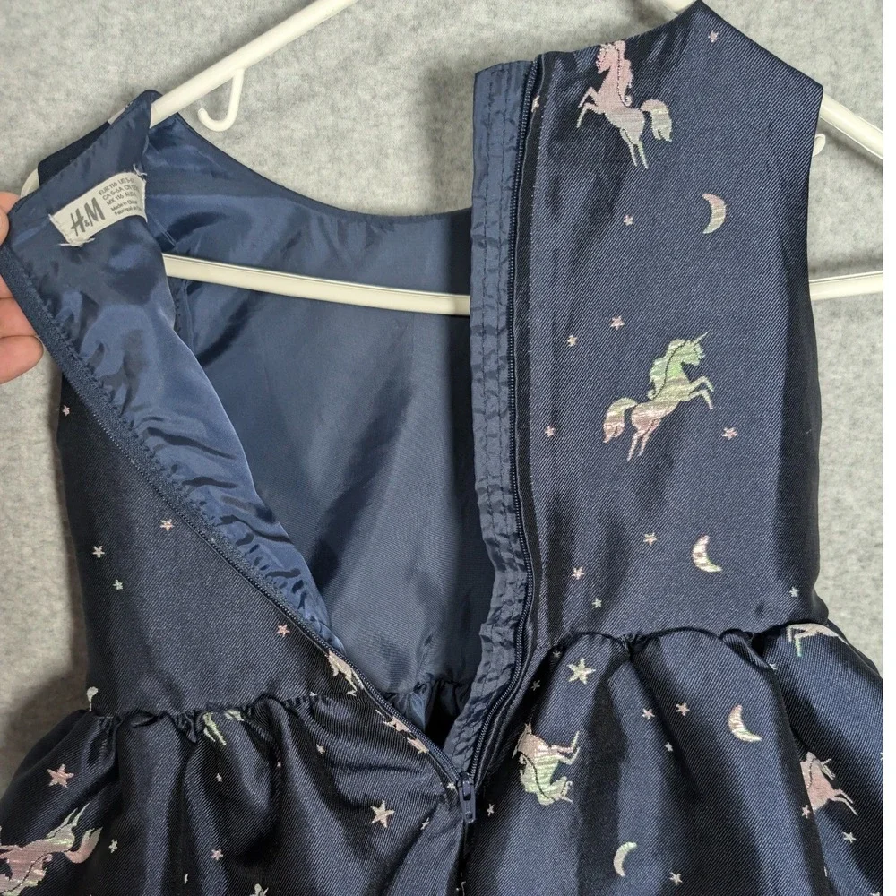 H&M Girls Dress Navy Blue Metallic Unicorn Star Moon Party Size 5-6Y Celestial